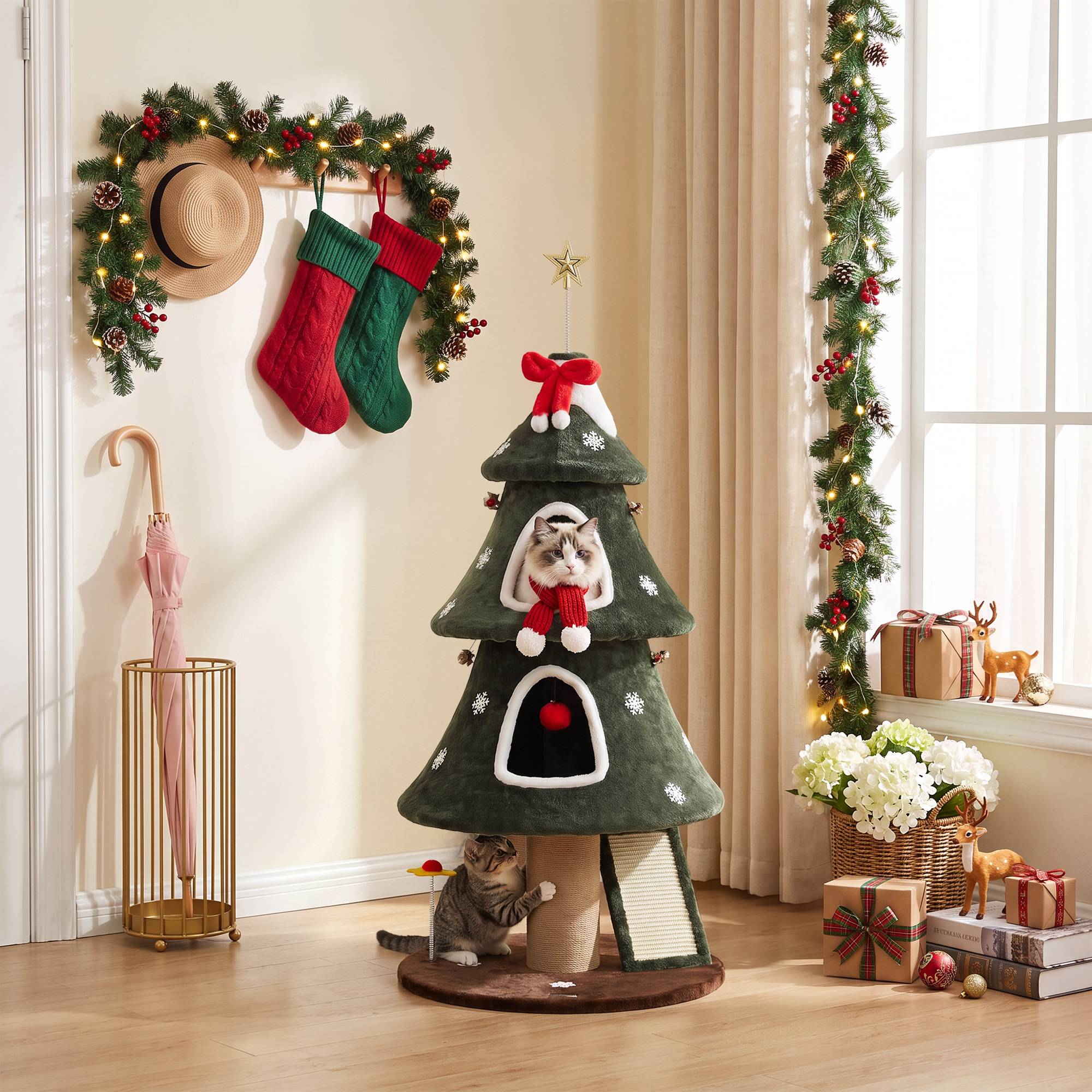 Sans Marque - Arbre Rascador pour Chats 132 cm Navidad Design Tour pour Chats en Felpa avec 2 Casitas Escalera de Sisal Vert - Image 3