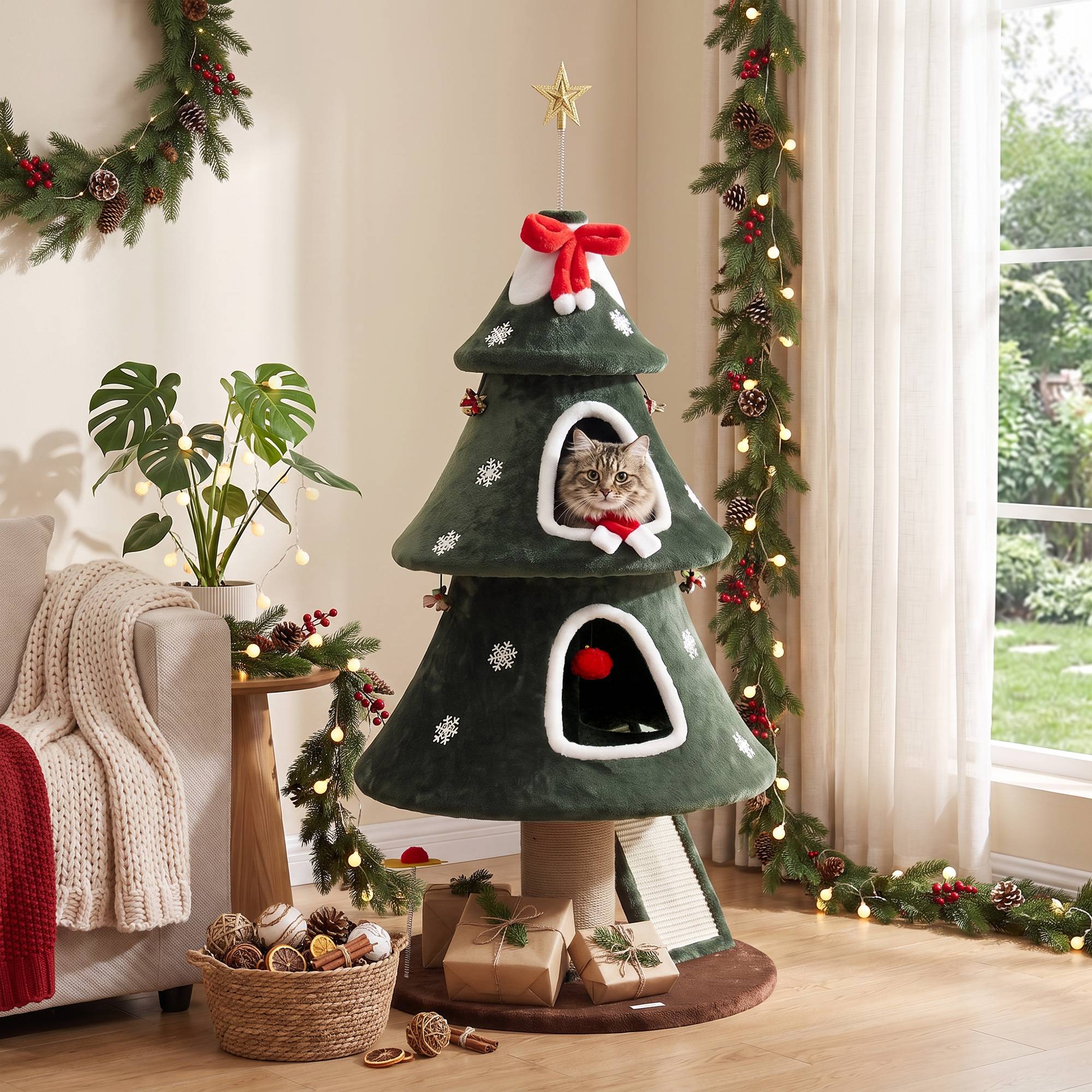 Sans Marque - Arbre Rascador pour Chats 132 cm Navidad Design Tour pour Chats en Felpa avec 2 Casitas Escalera de Sisal Vert - Image 2