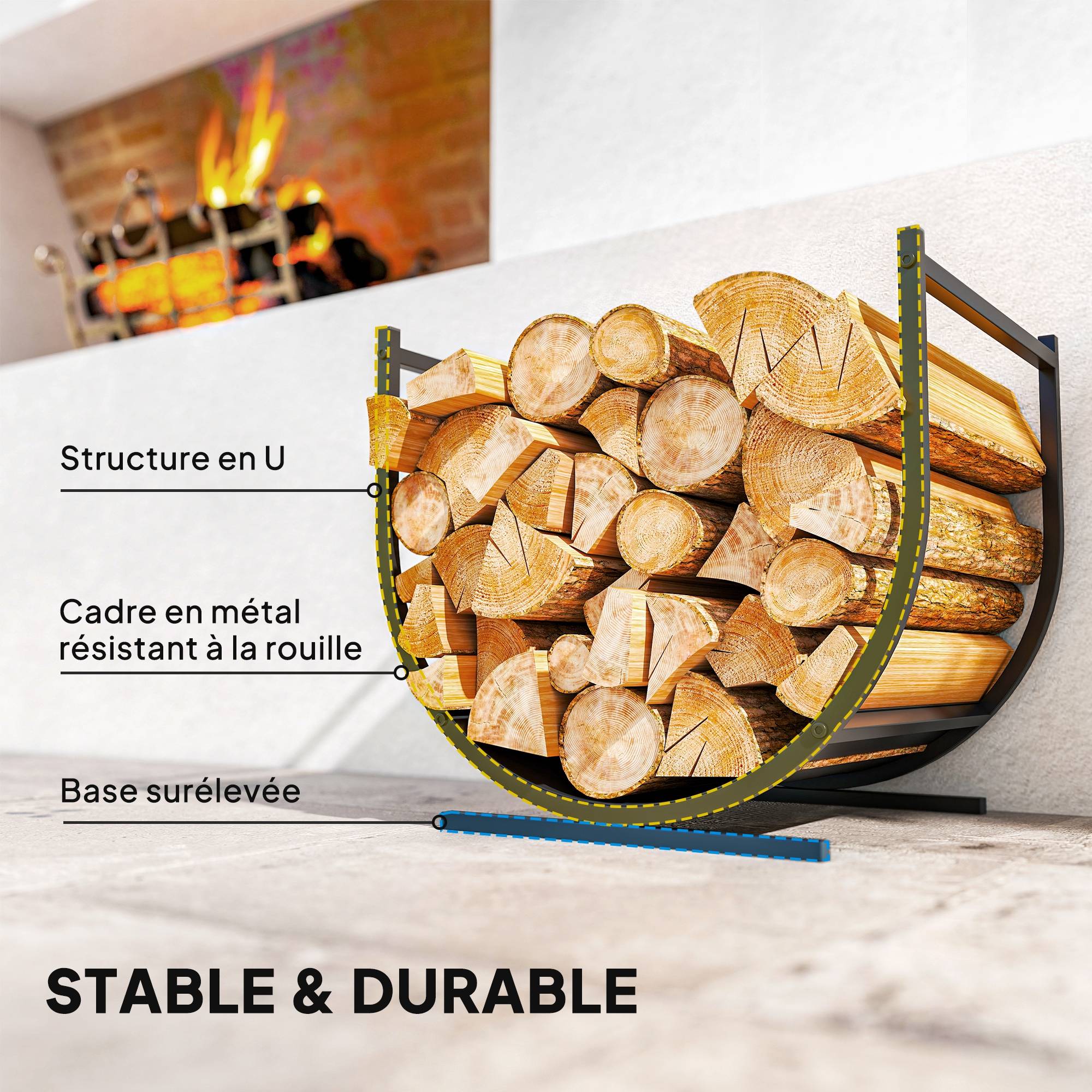 ComfortXL - Range-bûches métal intérieur extérieur base courbée anti-basculement 43x33x38cm noir - ComfortXL Outdoor Living - Image 6