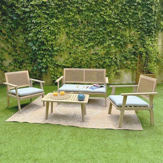 Salon de jardin MATA 4 places en bois d'acacia blanchi FSC coussins gris chiné Beau Rivage - Image 2