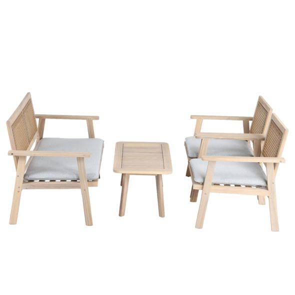 Salon de jardin MATA 4 places en bois d'acacia blanchi FSC coussins gris chiné Beau Rivage - Image 8