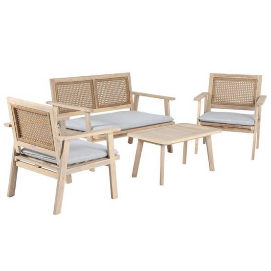 Salon de jardin MATA 4 places en bois d'acacia blanchi FSC coussins gris chiné Beau Rivage - Image 6