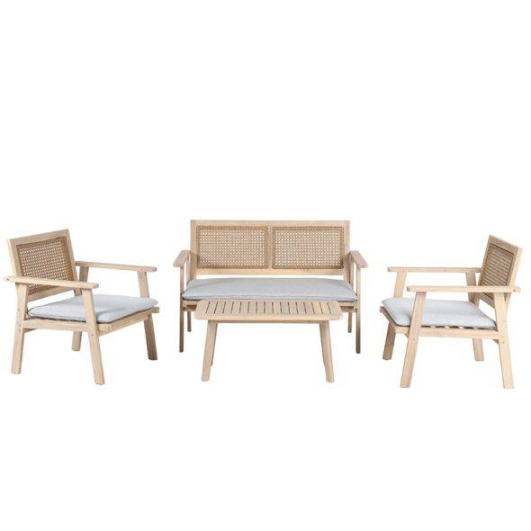 Salon de jardin MATA 4 places en bois d'acacia blanchi FSC coussins gris chiné Beau Rivage - Image 1