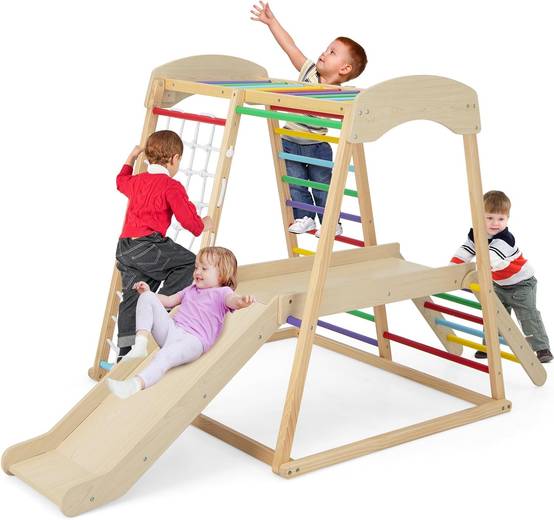 Costway - 6 en 1 Triangle d'escalade en Bois Enfants avec Toboggan & Zone Tampon, Charge 60kg (Multicolore)