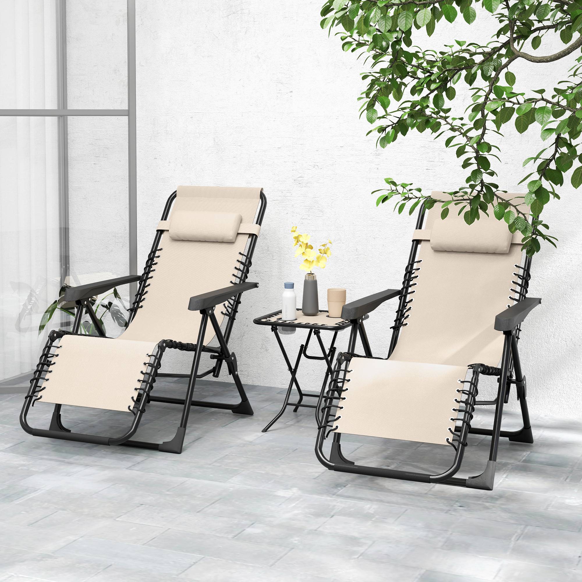 Sans Marque - Ensemble de jardin 3 pièces. Transat avec table basse, 2 chaises longues, coussins, transat d'extérieur 90 x 56 x 110 cm, beige - Image 4
