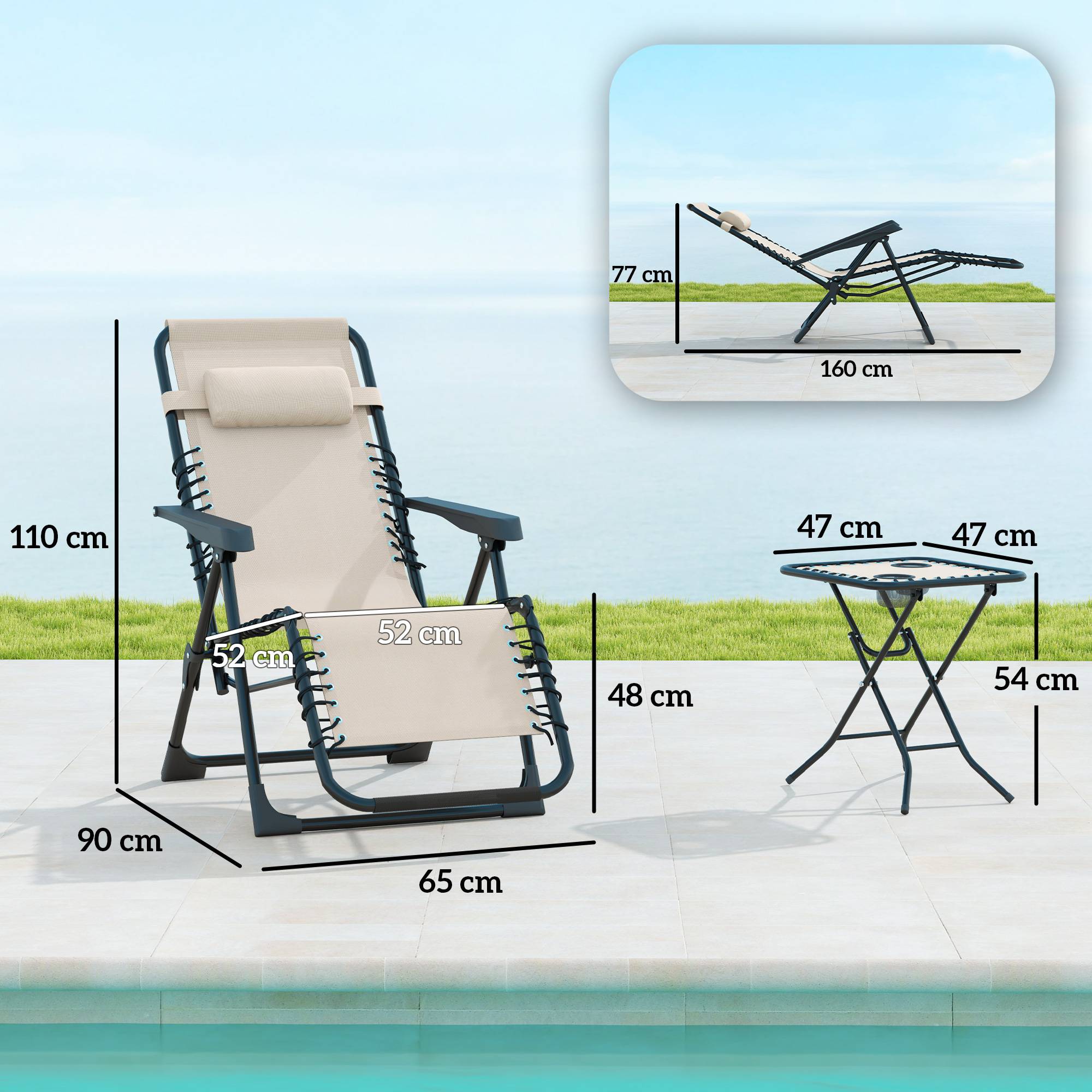 Sans Marque - Ensemble de jardin 3 pièces. Transat avec table basse, 2 chaises longues, coussins, transat d'extérieur 90 x 56 x 110 cm, beige - Image 5