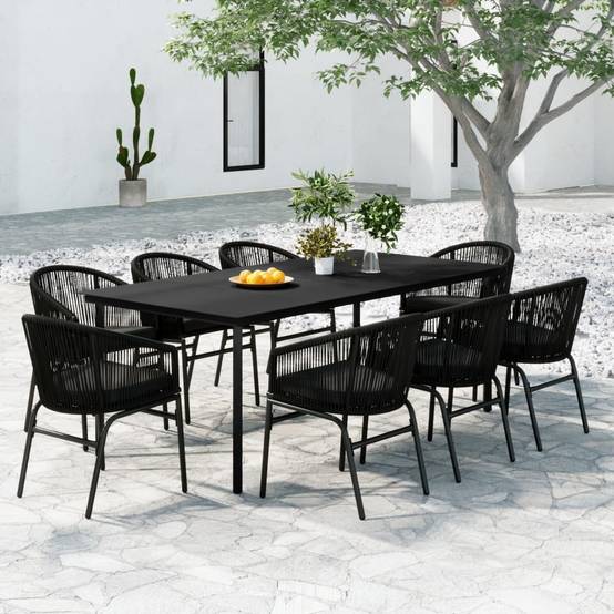 Grand Salon de Jardin 8P 200cm Rotin PVC Coussins Inclus Noir – ComfortXL Outdoor Living - Image 1