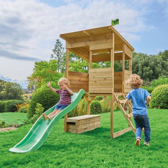 Cabane sur pilotis en bois FSC® avec toboggan vert pomme CIMES - Image 1