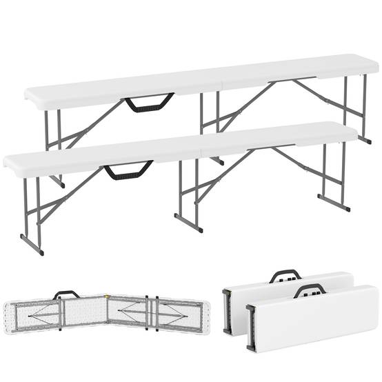 Banc Pliant Plastique Métal Réception Pique-Nique Charge 240kg 182x28x42cm Blanc - ComfortXL Outdoor Living - Image 1