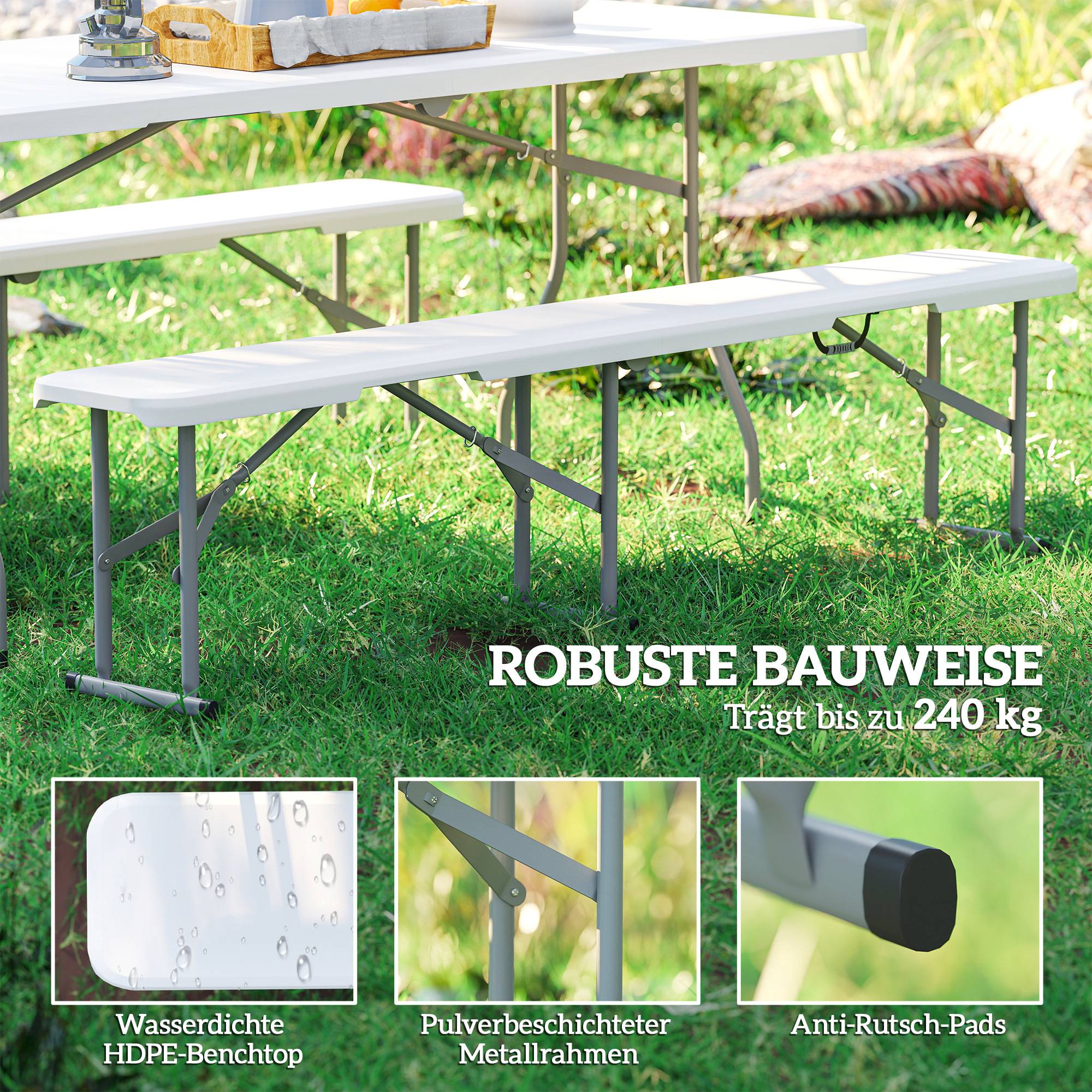 Banc Pliant Plastique Métal Réception Pique-Nique Charge 240kg 182x28x42cm Blanc - ComfortXL Outdoor Living - Image 7