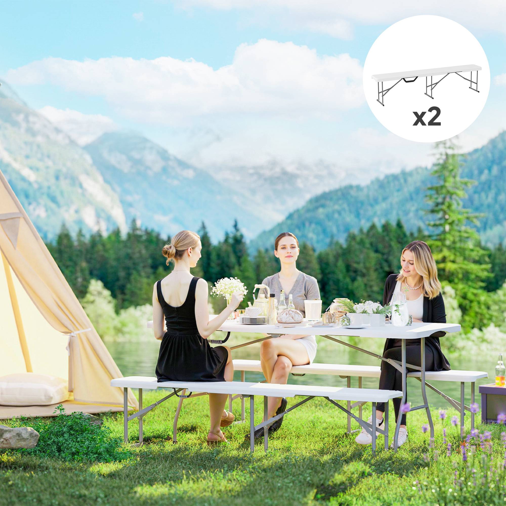 Banc Pliant Plastique Métal Réception Pique-Nique Charge 240kg 182x28x42cm Blanc - ComfortXL Outdoor Living - Image 4