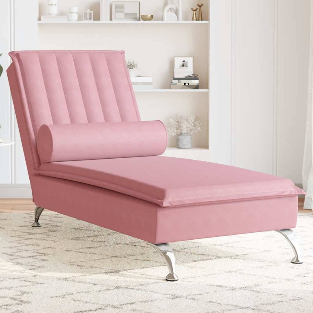 Maison Chic - Chaise longue | Transat | Bain de soleil de massage avec traversin rose velours - Image 2