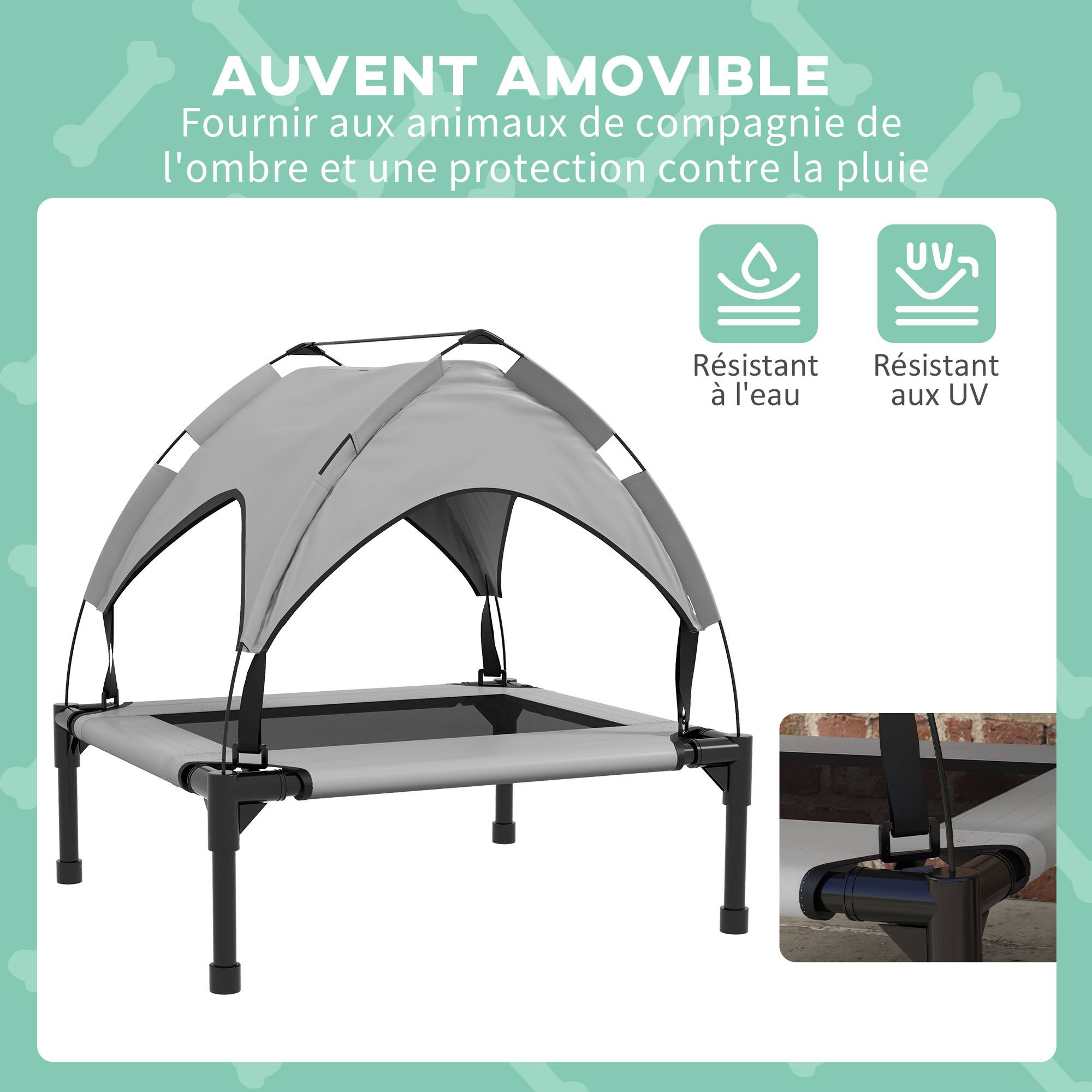 Lit surélevé chien avec auvent anti-UV pare-soleil rafraîchissant 76x61cm gris - ComfortXL Outdoor Living - Image 7