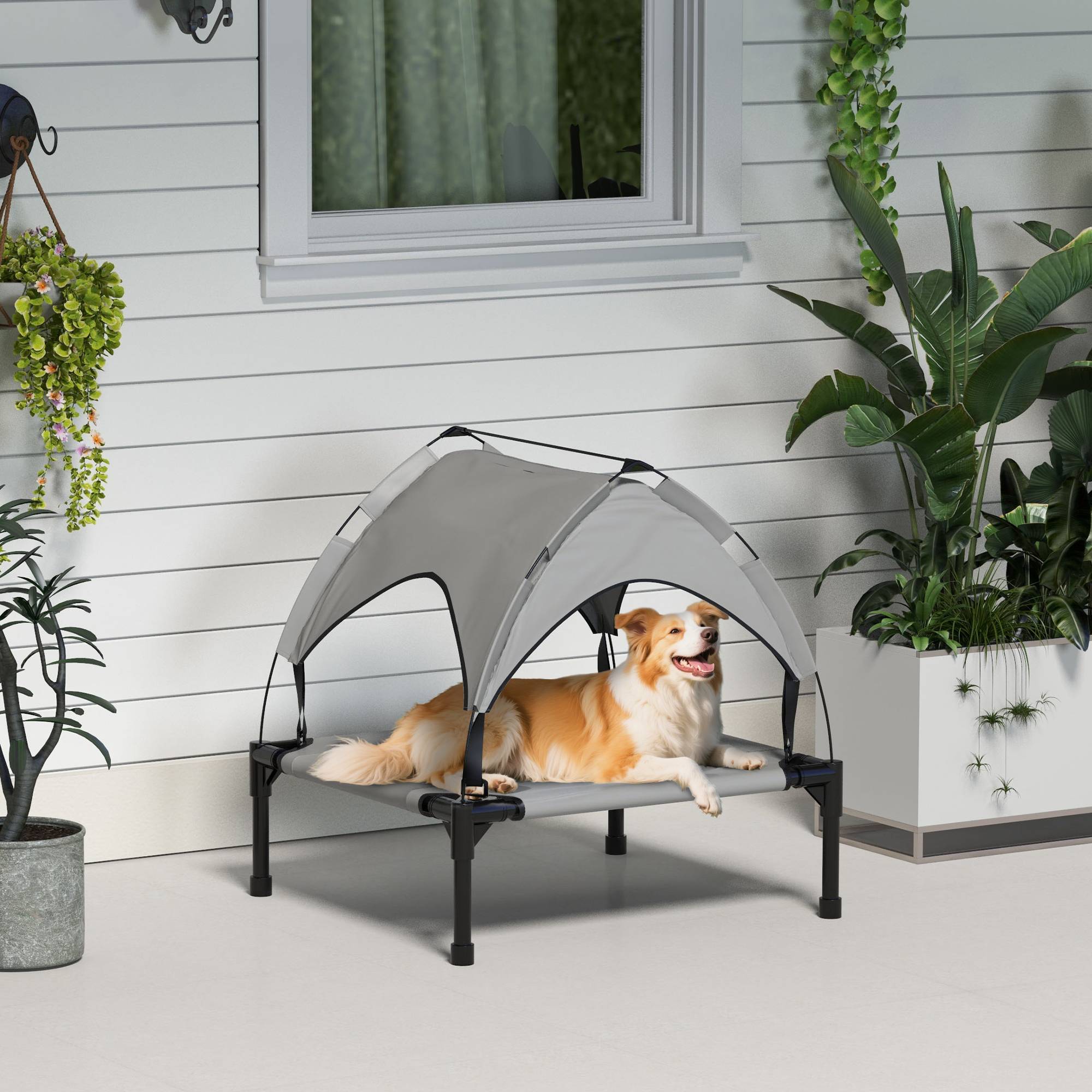 Lit surélevé chien avec auvent anti-UV pare-soleil rafraîchissant 76x61cm gris - ComfortXL Outdoor Living - Image 4