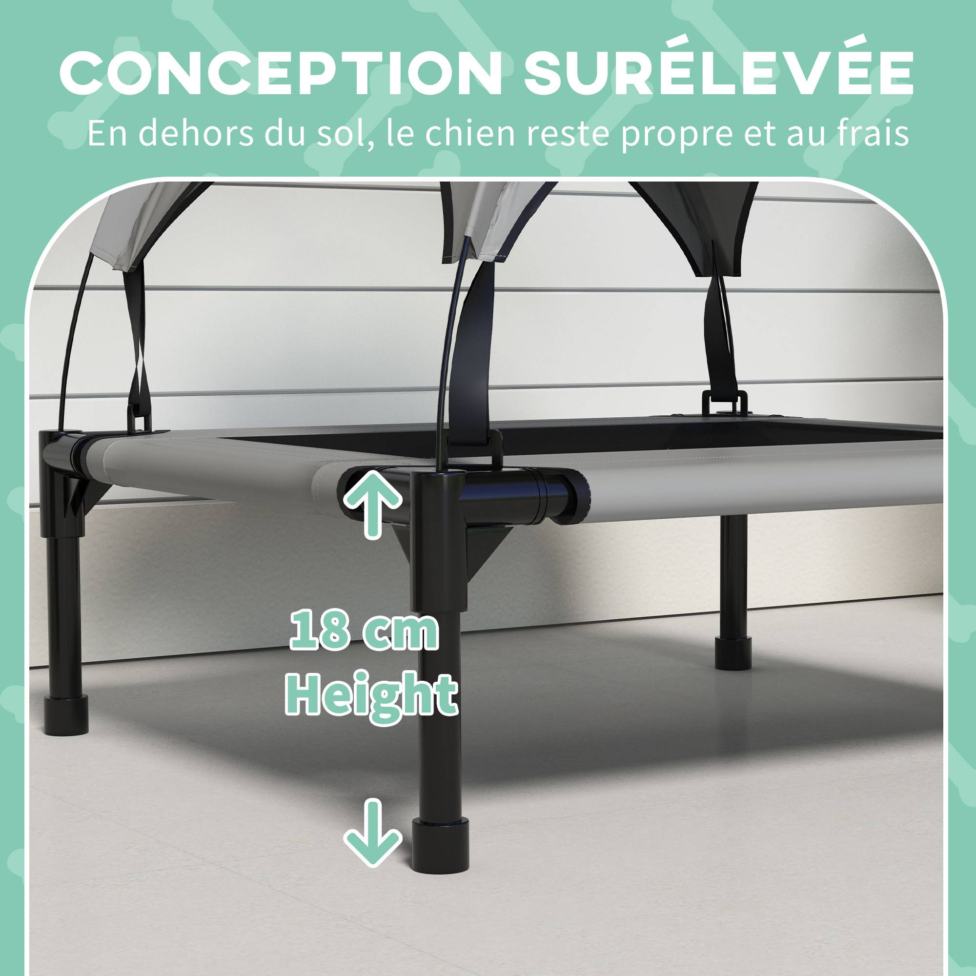 Lit surélevé chien avec auvent anti-UV pare-soleil rafraîchissant 76x61cm gris - ComfortXL Outdoor Living - Image 9