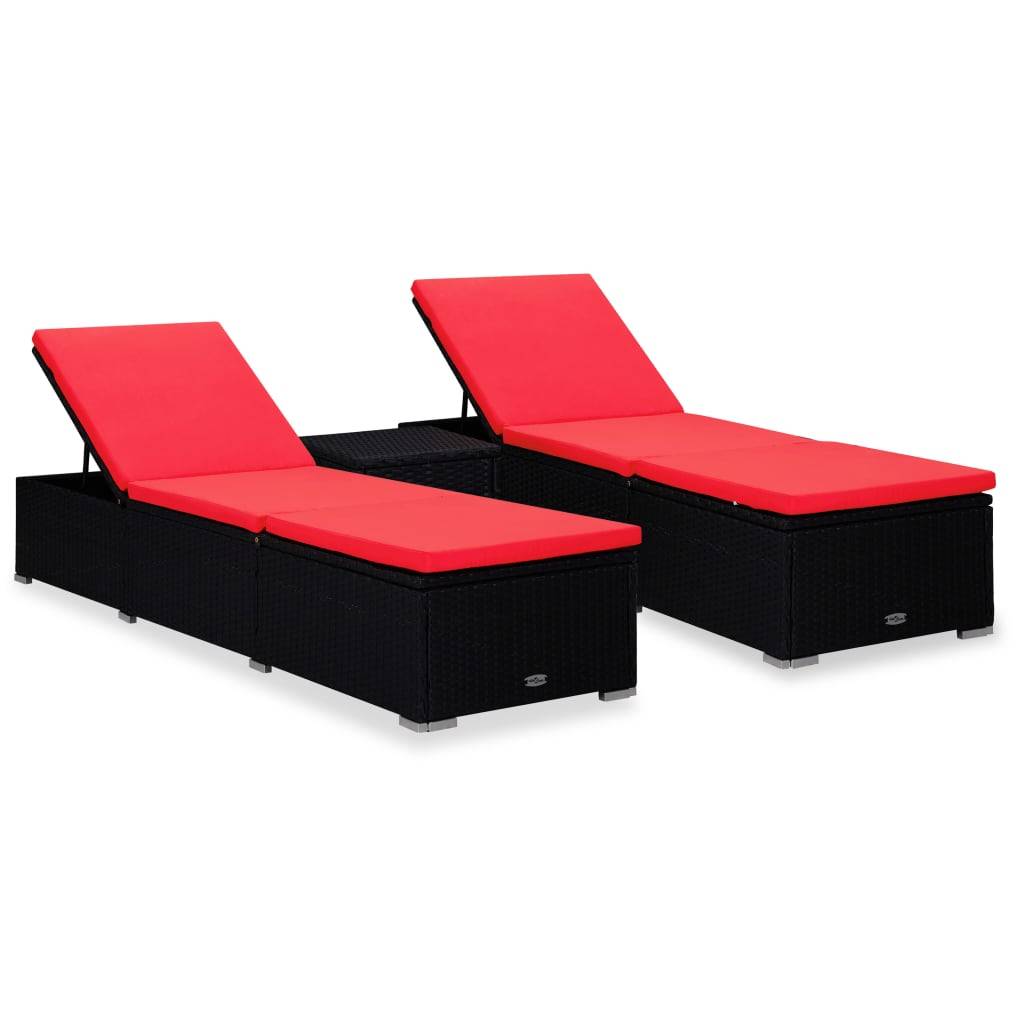 Salon Extérieur 2 Lits de Soleil Table Rotin PE Noir Rouge – ComfortXL Outdoor Living - Image 1