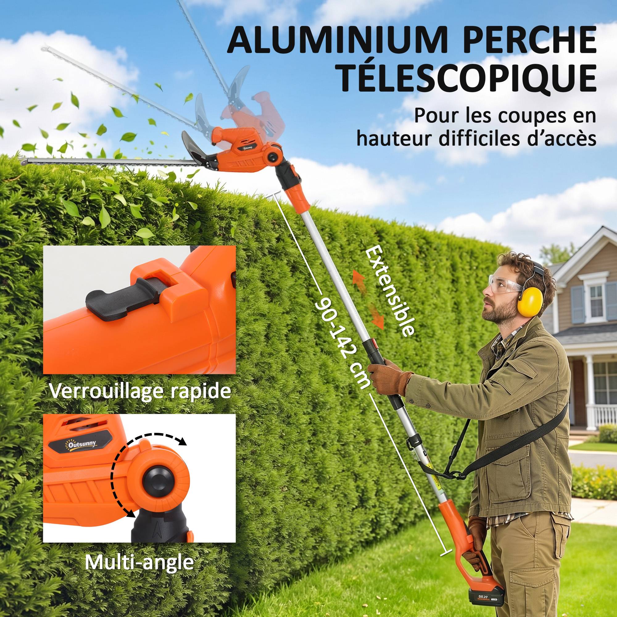 Taille-Haies Électrique avec Manche Télescopique Lame 51 cm 2 Batteries 4,0 Ah 112,5x15x14,5cm, Orange - Image 8
