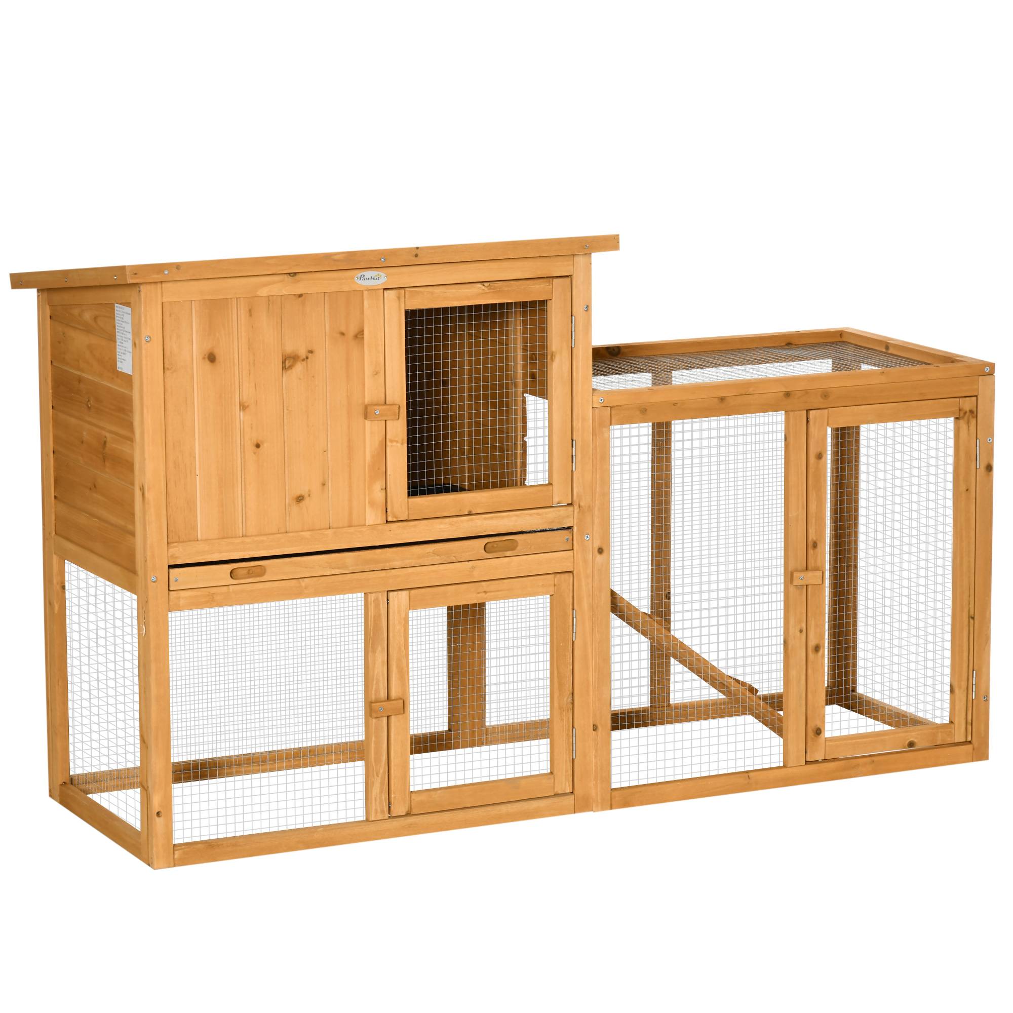 Clapier Lapin Bois Sapin avec Enclos Toit Ouvrant Tiroir Amovible 141x60cm Orange - ComfortXL Pet Living - Image 2