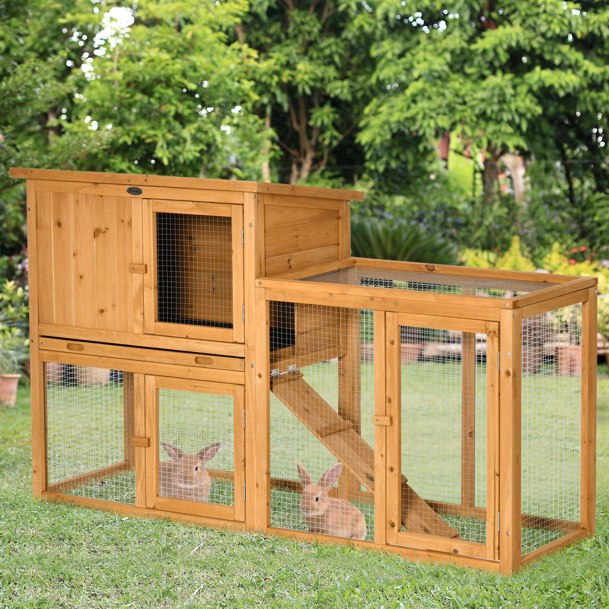 Clapier Lapin Bois Sapin avec Enclos Toit Ouvrant Tiroir Amovible 141x60cm Orange - ComfortXL Pet Living - Image 1