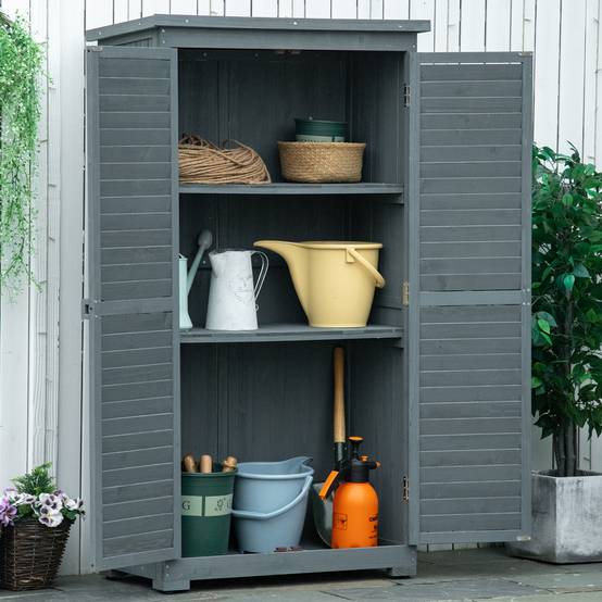 ComfortXL - Armoire de jardin en bois 87 x 46,5 x 160 cm grise avec 3 compartiments portes persiennées toit bitumé - Image 1