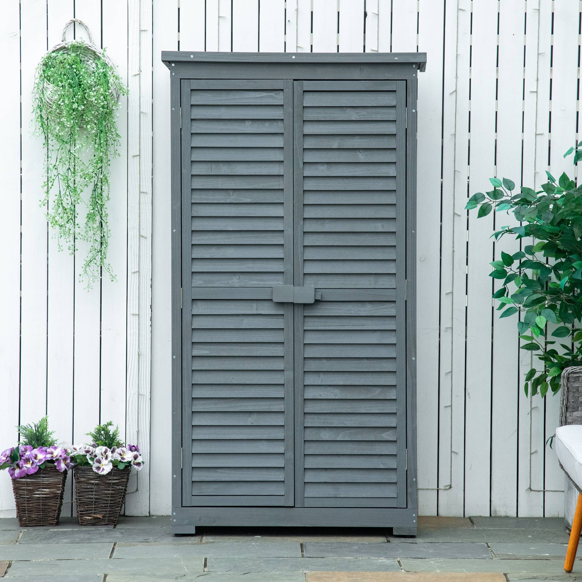 ComfortXL - Armoire de jardin en bois 87 x 46,5 x 160 cm grise avec 3 compartiments portes persiennées toit bitumé - Image 9