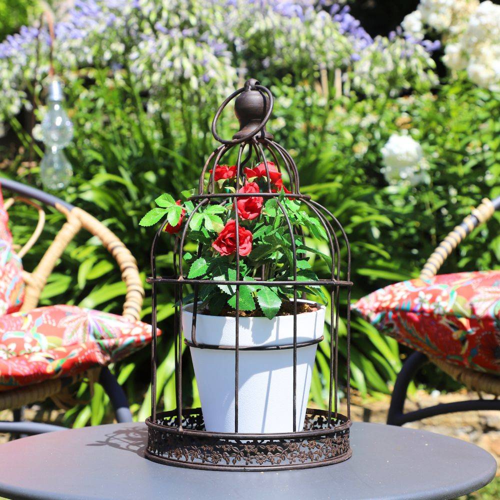 Cage à oiseaux porte plante jardinière extérieure métal marron 18cm Chemin de campagne - Image 2