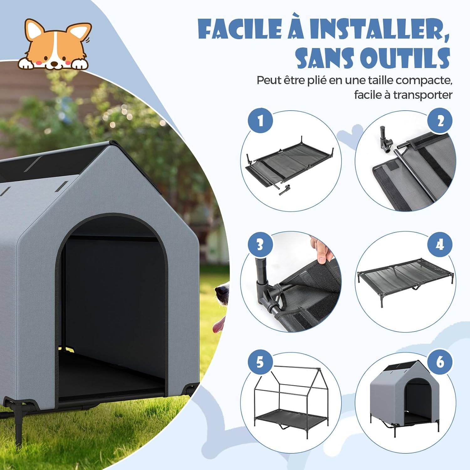 COSTWAY Niche pour Chien Exteriéur Intérieur 110 cm, Chenil pour Moyen Chien 2 en 1, Fenêtre Ventilée, Housse Amovible, Lit pour Chien,Capacité 40 kg - Image 8