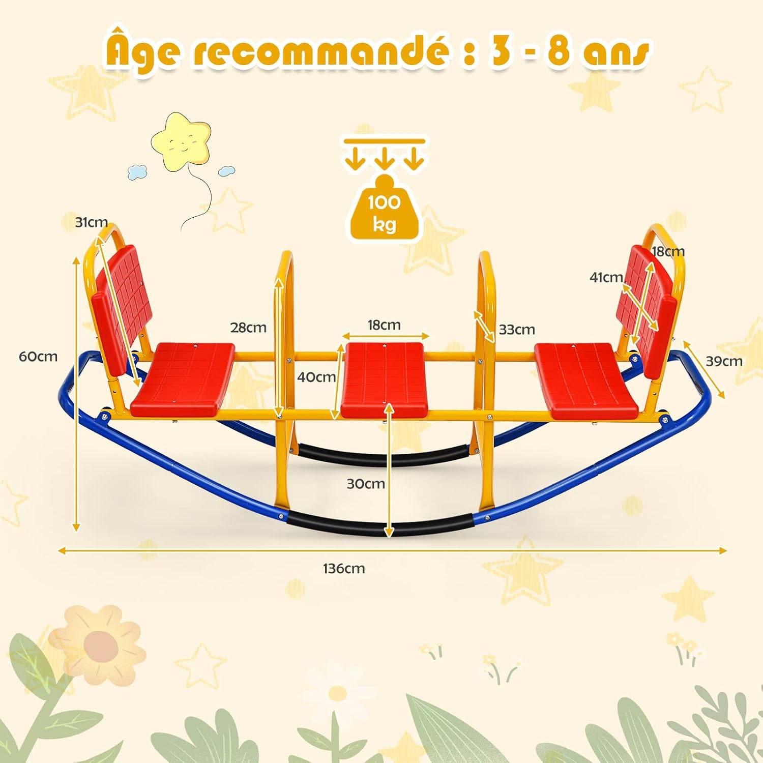 Bascule pour 3 enfants balançoire à bascule en métal tape-cul avec poignées 3 - 8 ans jouet - Image 4