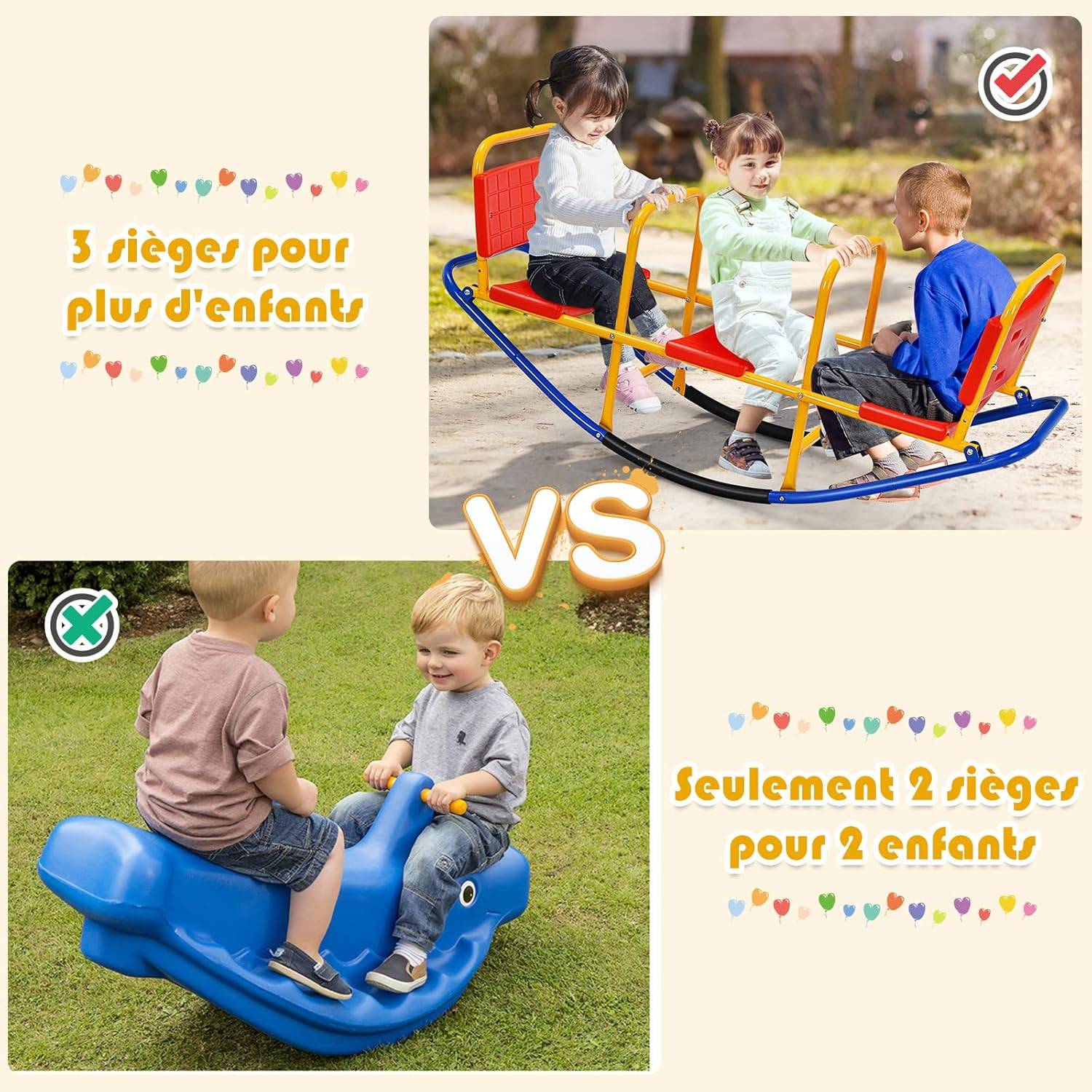 Bascule pour 3 enfants balançoire à bascule en métal tape-cul avec poignées 3 - 8 ans jouet - Image 1
