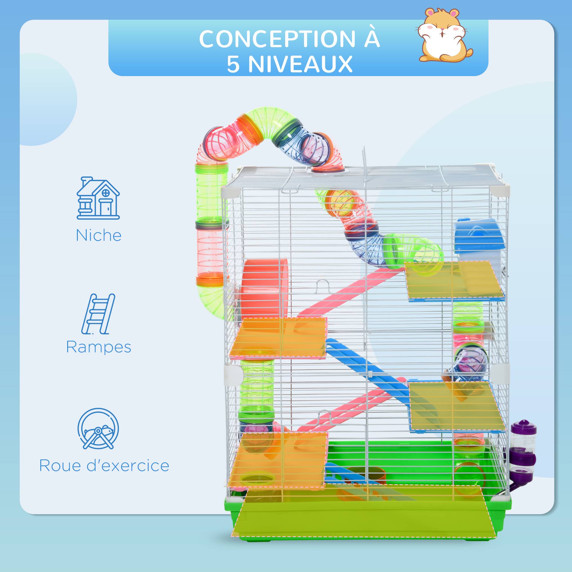 Cage complète en métal pour hamsters et gerbilles 5 étages équipés 46x30x58cm vert - ComfortXL Outdoor Living - Image 8