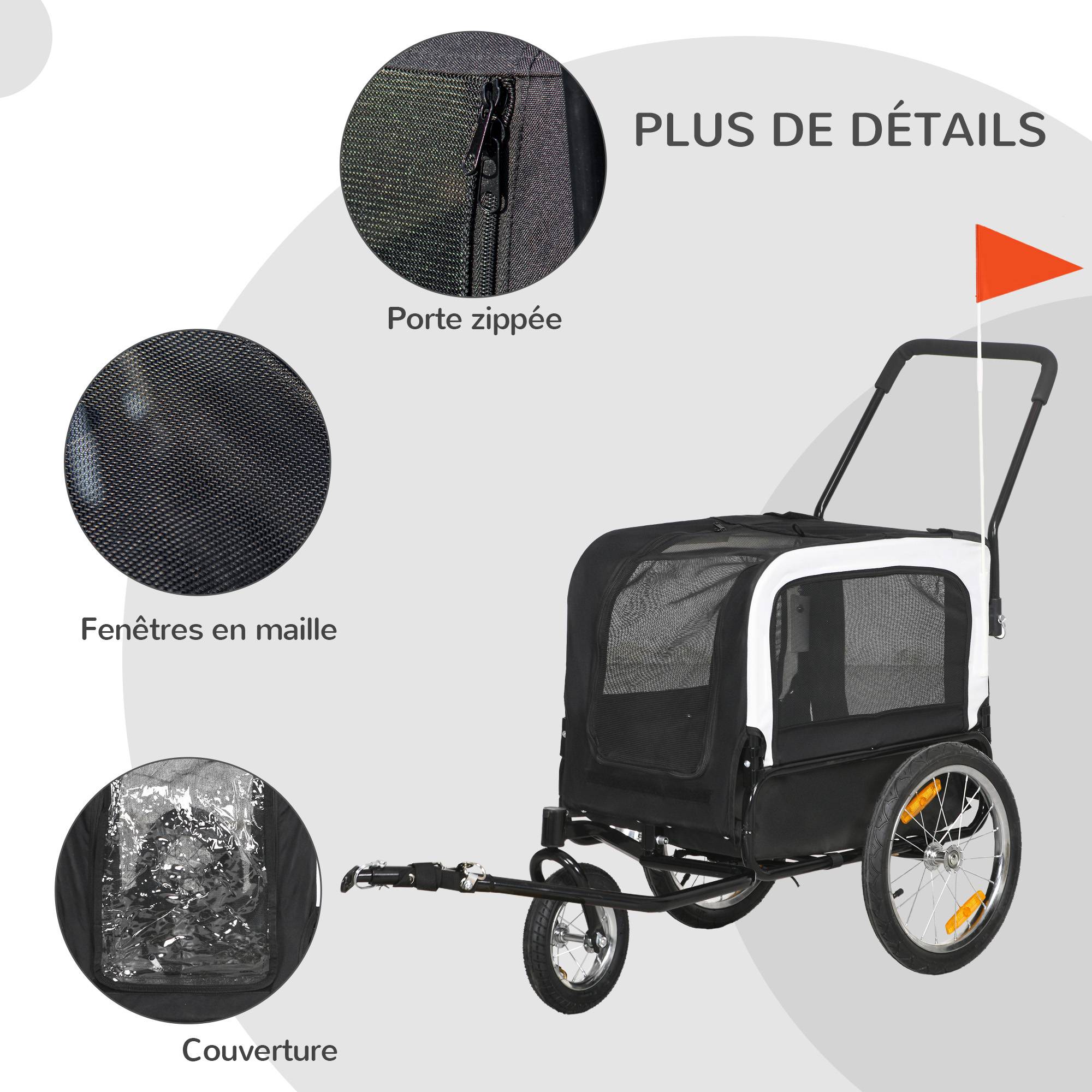 Remorque vélo jogger 2 en 1 pour animaux de compagnie drapeau roue avant pivotante réflecteurs noir - Image 9