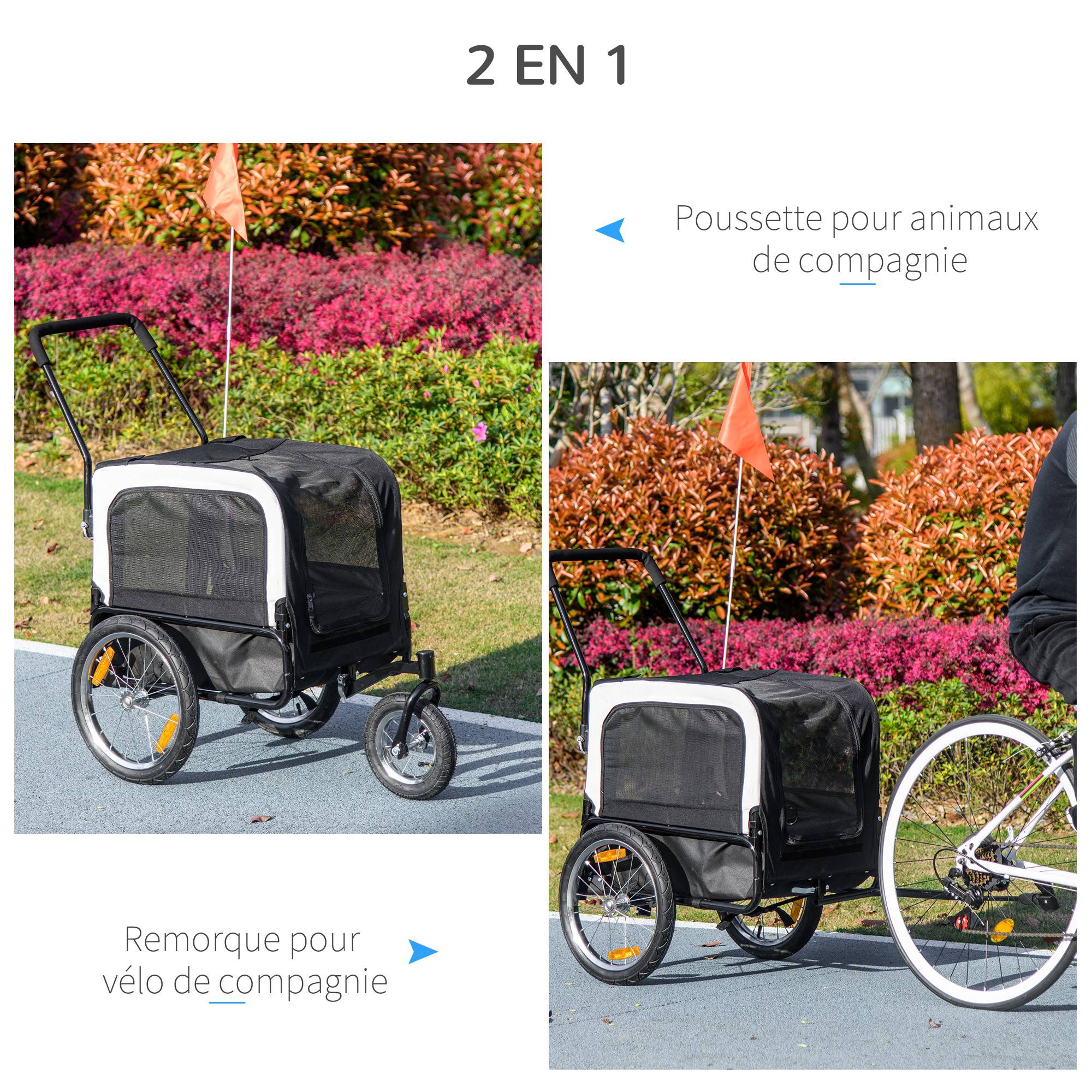 Remorque vélo jogger 2 en 1 pour animaux de compagnie drapeau roue avant pivotante réflecteurs noir - Image 6