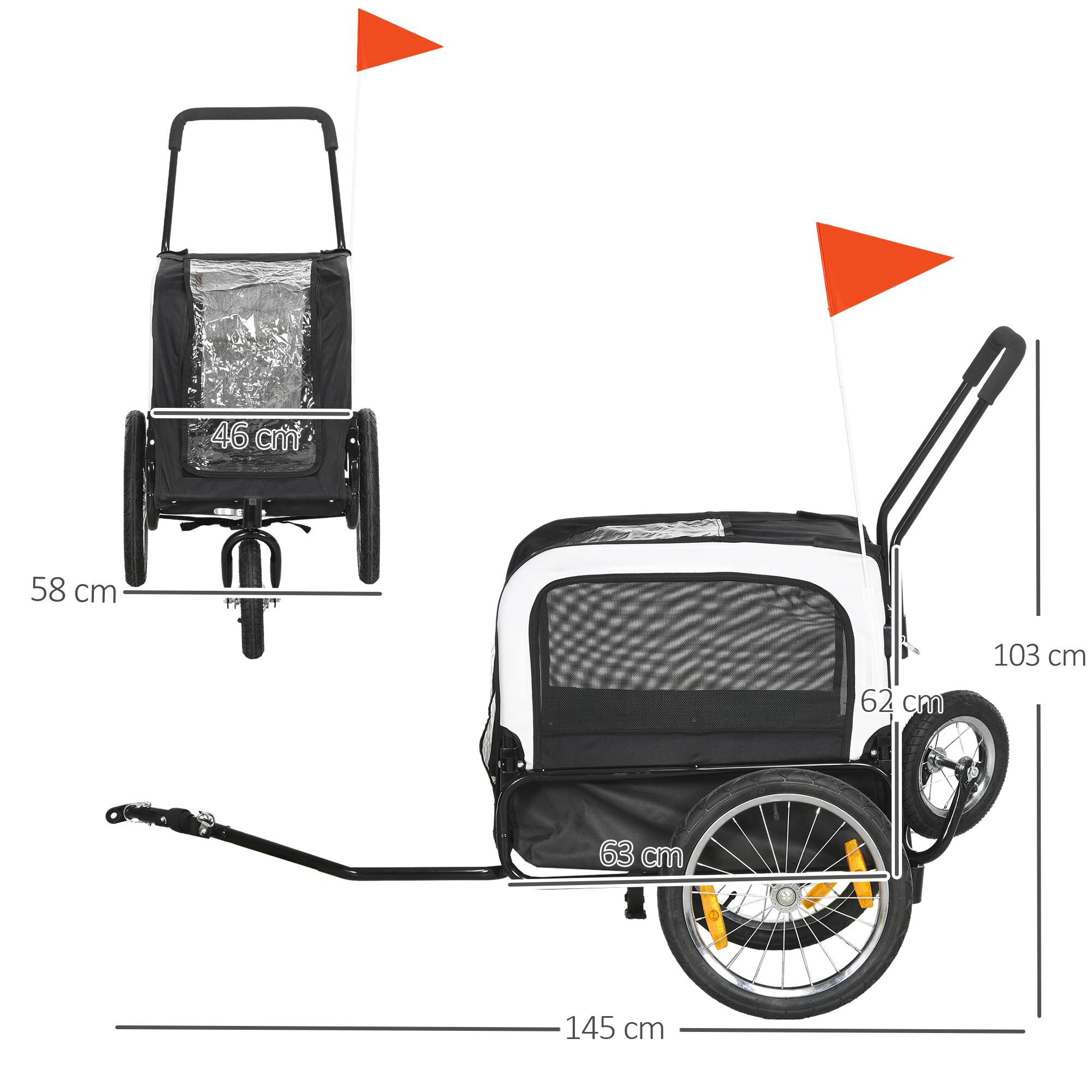 Remorque vélo jogger 2 en 1 pour animaux de compagnie drapeau roue avant pivotante réflecteurs noir - Image 5
