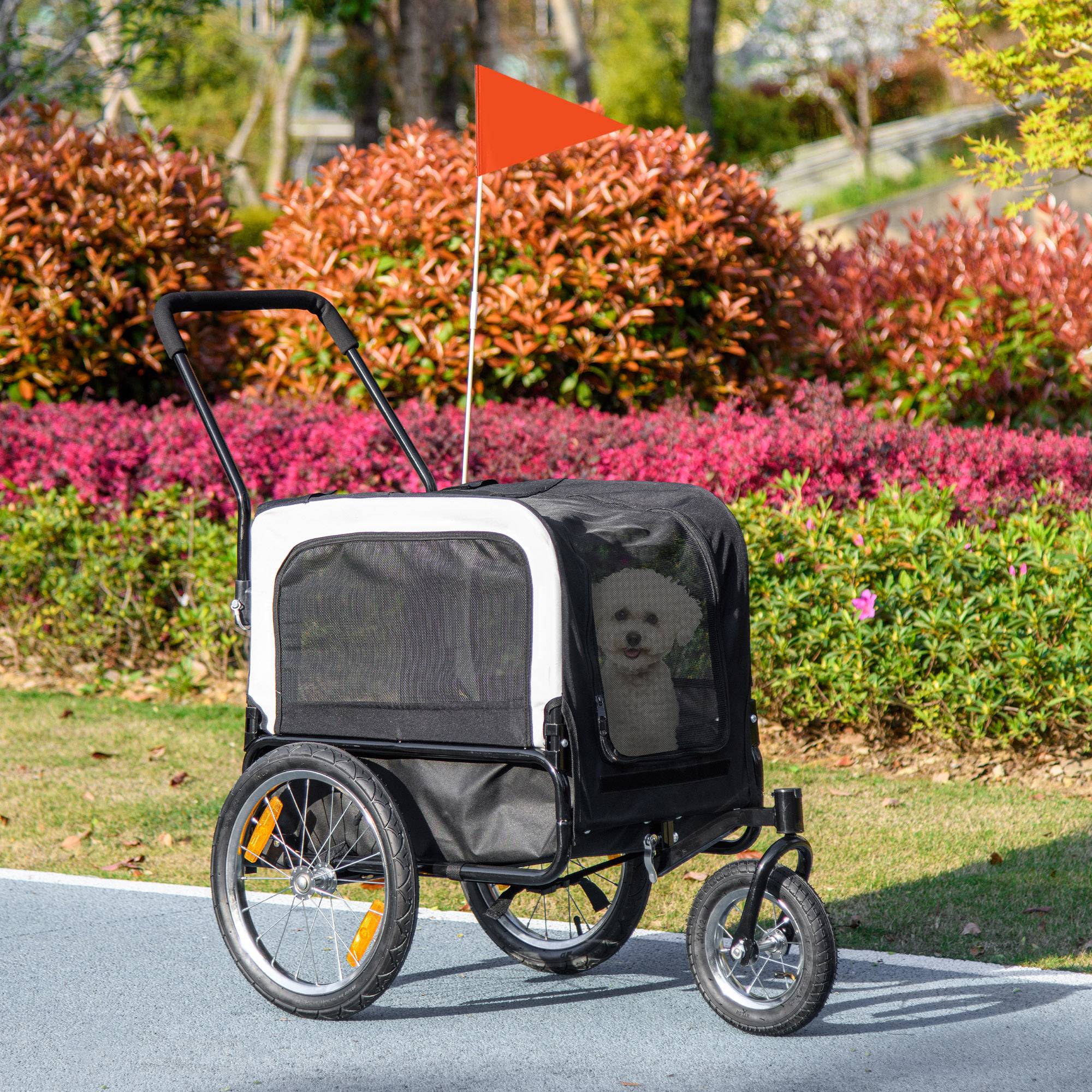 Remorque vélo jogger 2 en 1 pour animaux de compagnie drapeau roue avant pivotante réflecteurs noir - Image 4