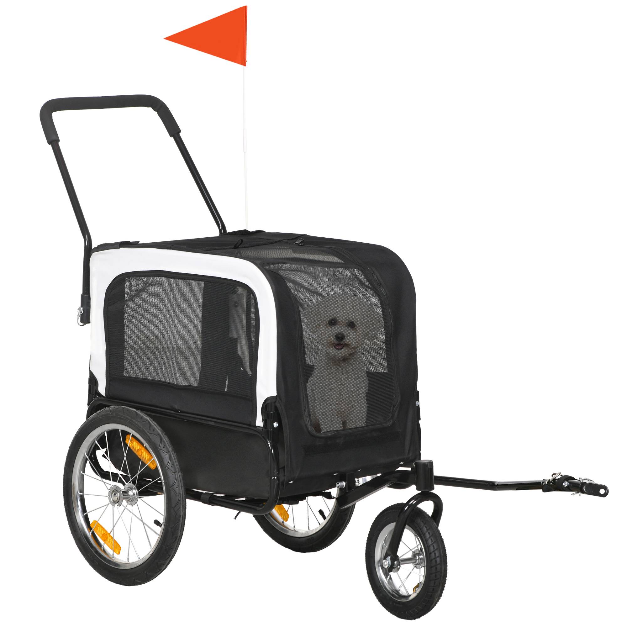 Remorque vélo jogger 2 en 1 pour animaux de compagnie drapeau roue avant pivotante réflecteurs noir - Image 1