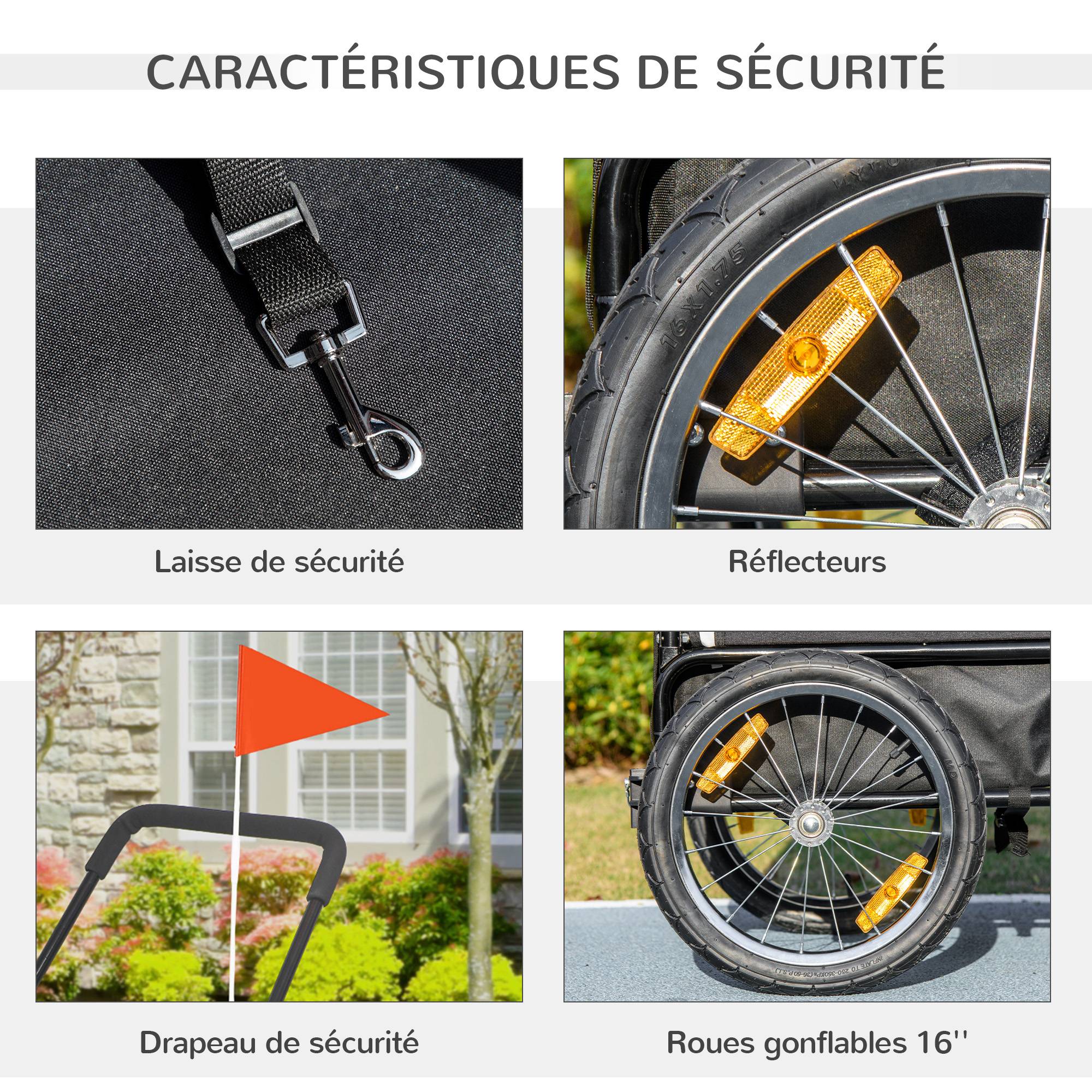 Remorque vélo jogger 2 en 1 pour animaux de compagnie drapeau roue avant pivotante réflecteurs noir - Image 8