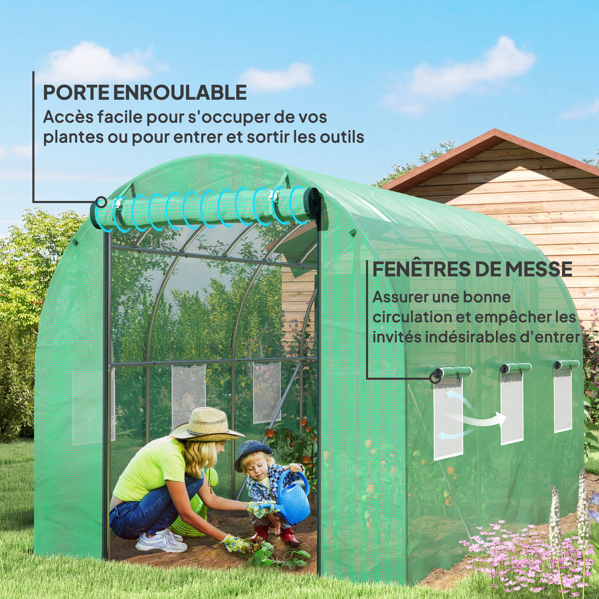 Outsunny - Serre tunnel de jardin 3x2x2m 6m² avec porte enroulable et 6 fenêtres maille acier galvanisé PE 170g/m² résistant UV vert - Outsunny - Image 6