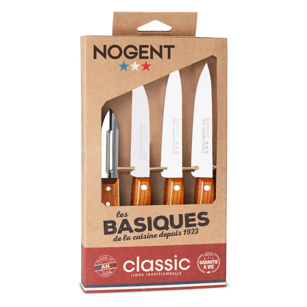 Nogent 3 Etoiles - Coffret de 3 couteaux et un éplucheur cerisier des bois 00096V Nogent 3 Etoiles