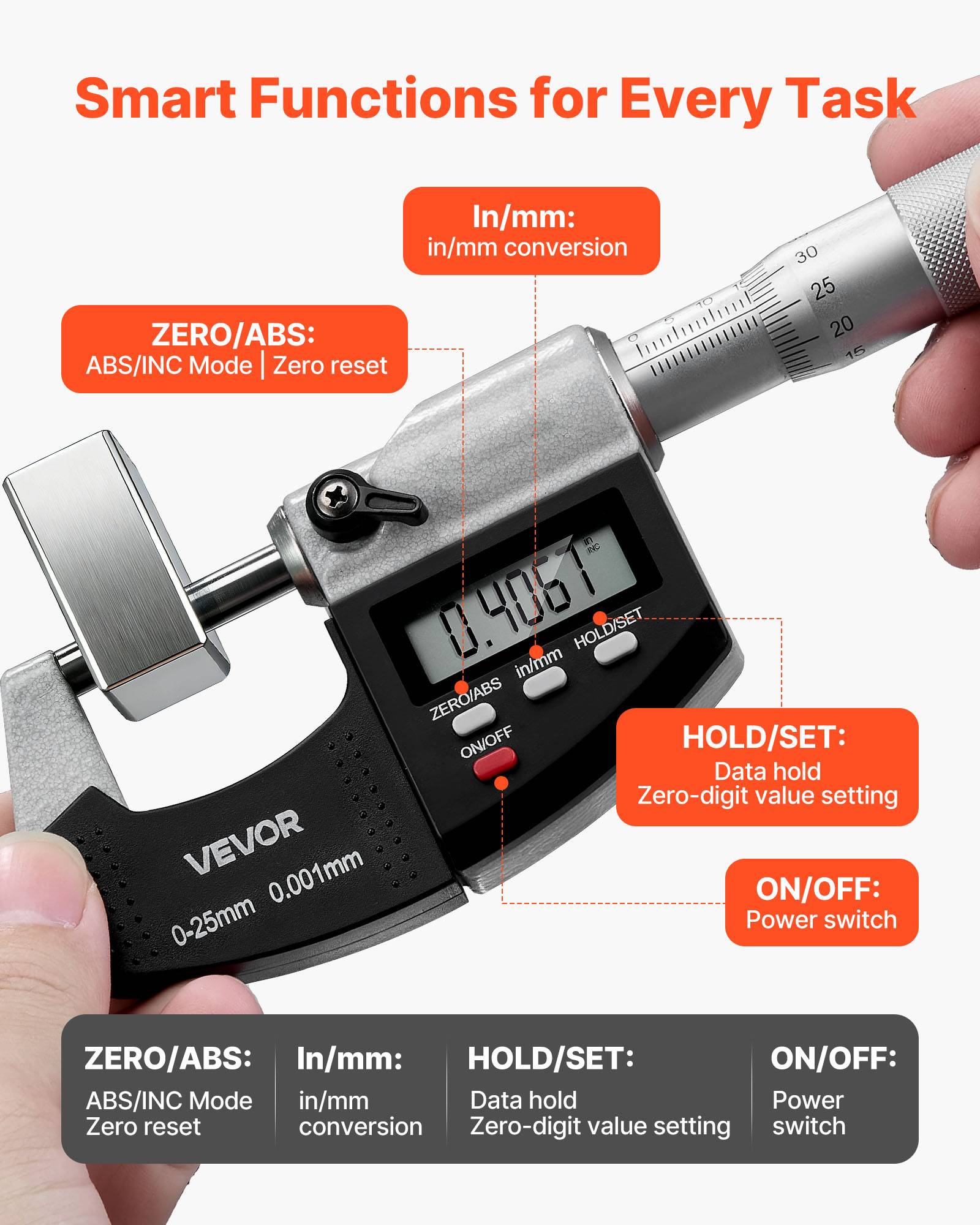 Vevor - VEVOR Micromètre extérieur numérique 0-25,4 mm (0-1"), précision ±0,003 mm, écran LCD, commutation mm/pouce, étui de protection. - Image 4