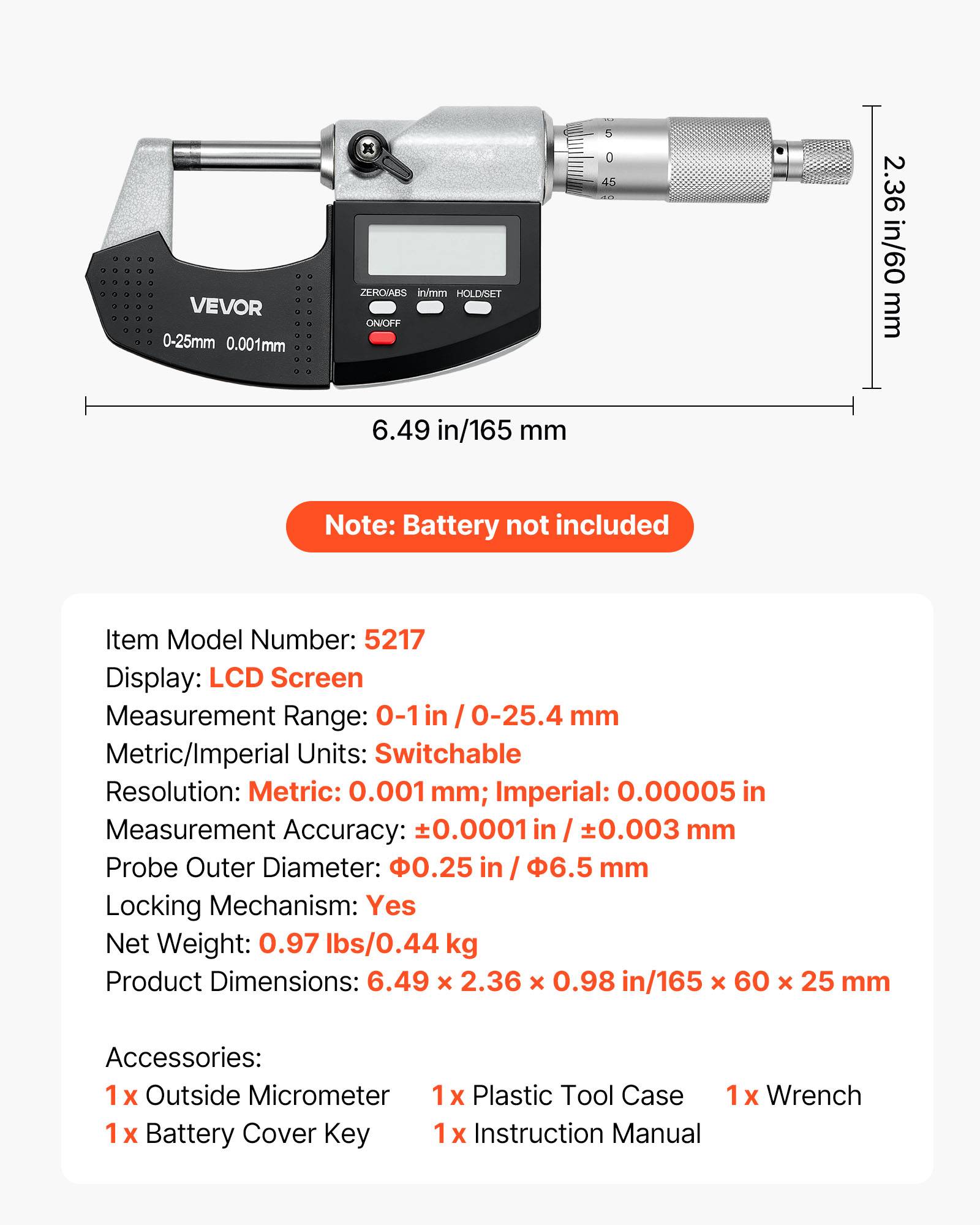 Vevor - VEVOR Micromètre extérieur numérique 0-25,4 mm (0-1"), précision ±0,003 mm, écran LCD, commutation mm/pouce, étui de protection. - Image 6