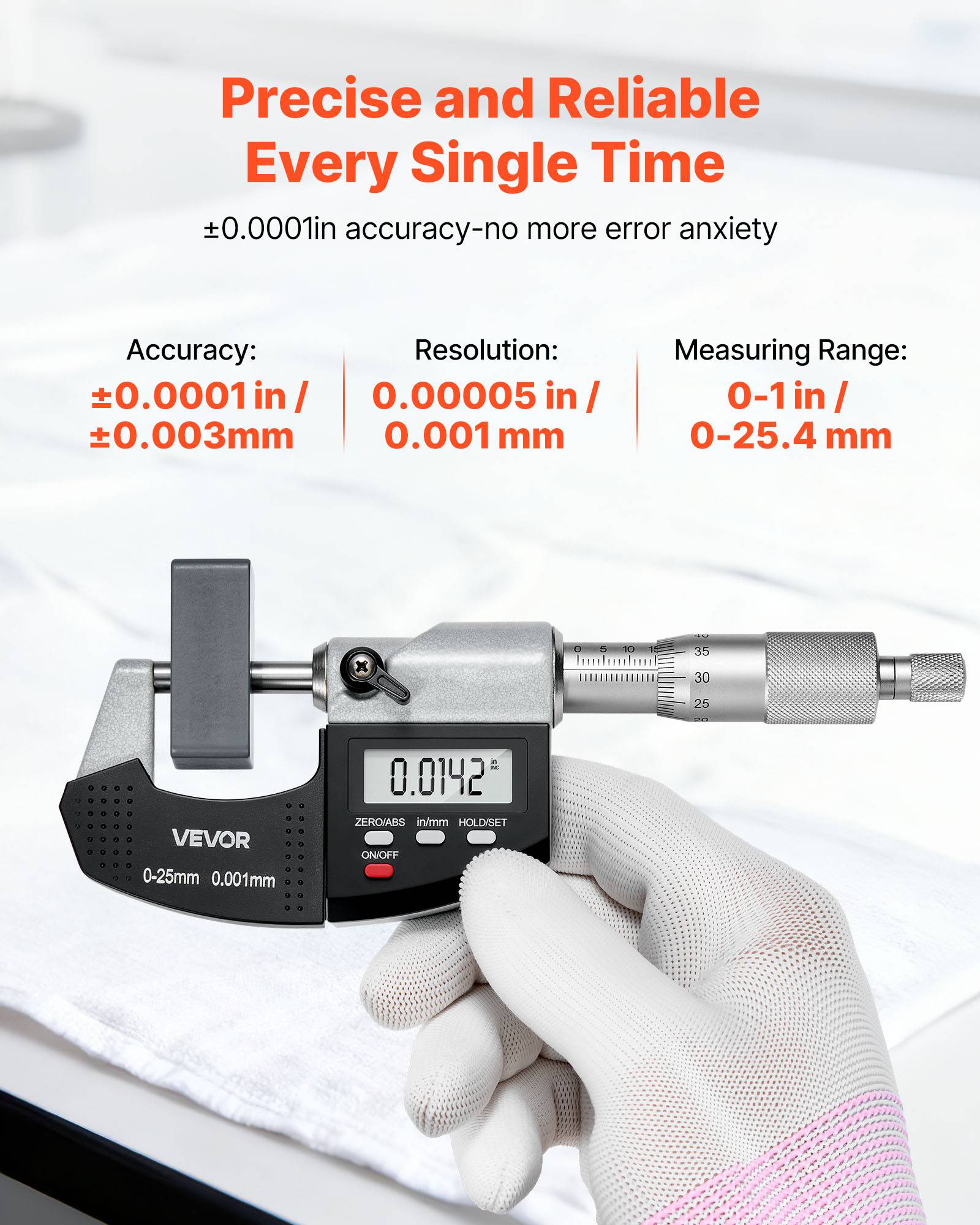 Vevor - VEVOR Micromètre extérieur numérique 0-25,4 mm (0-1"), précision ±0,003 mm, écran LCD, commutation mm/pouce, étui de protection. - Image 2