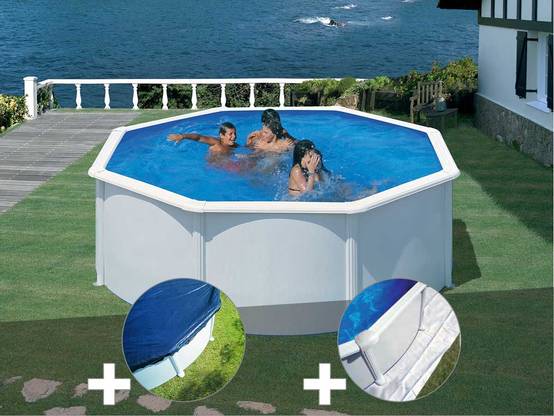 Gré - Kit piscine acier blanc Gré Fidji ronde 3,70 x 1,22 m + Bâche hiver + Tapis de sol