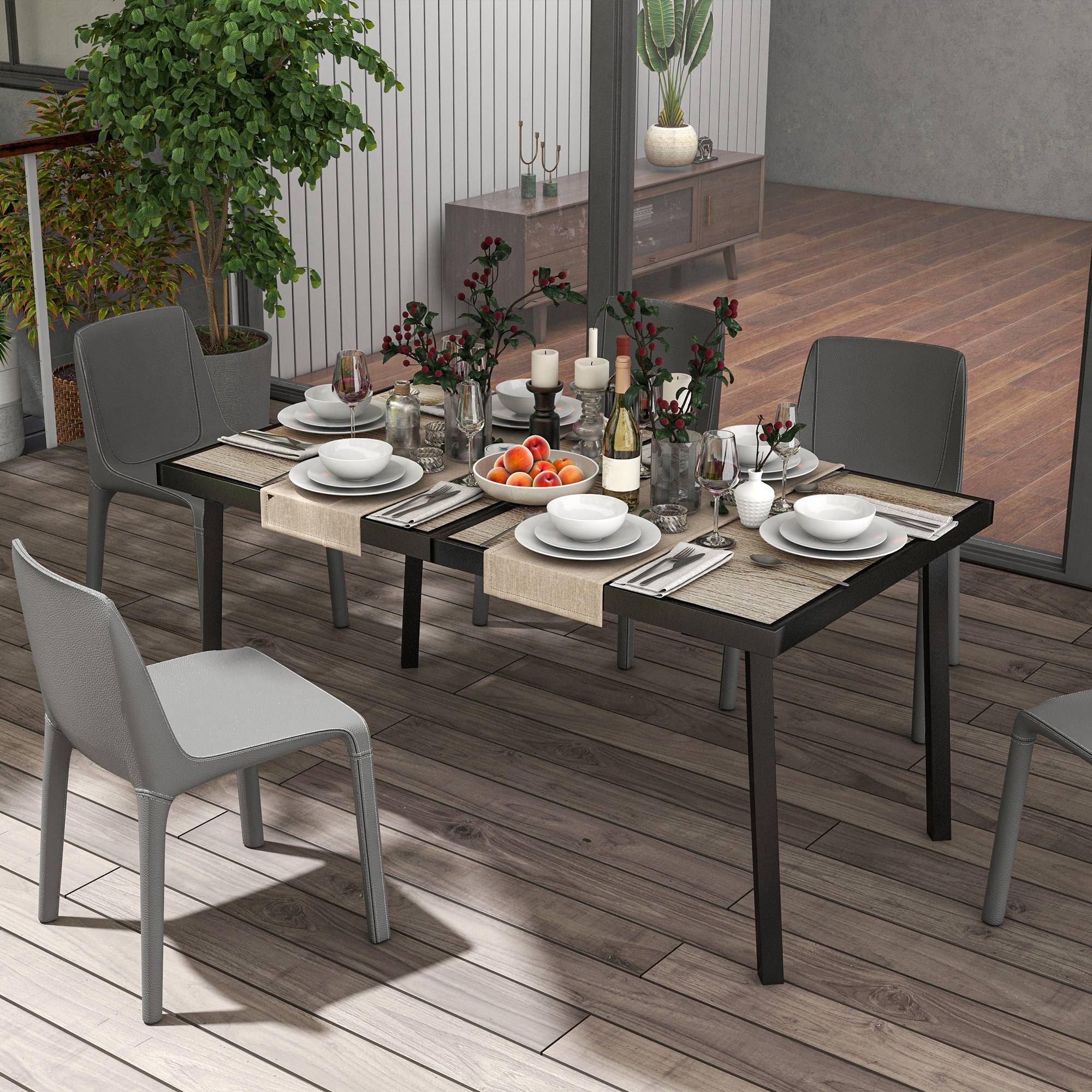 Table de jardin rectangulaire acier extérieur repas convivial effet bois 145cm gris - ComfortXL Outdoor Living - Image 9
