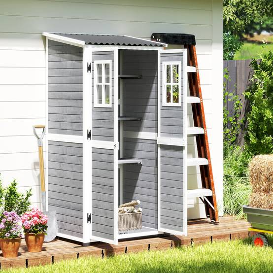 Abri de jardin en bois avec étagères réglables, deux portes verrouillables et fenêtres, gris - Image 3