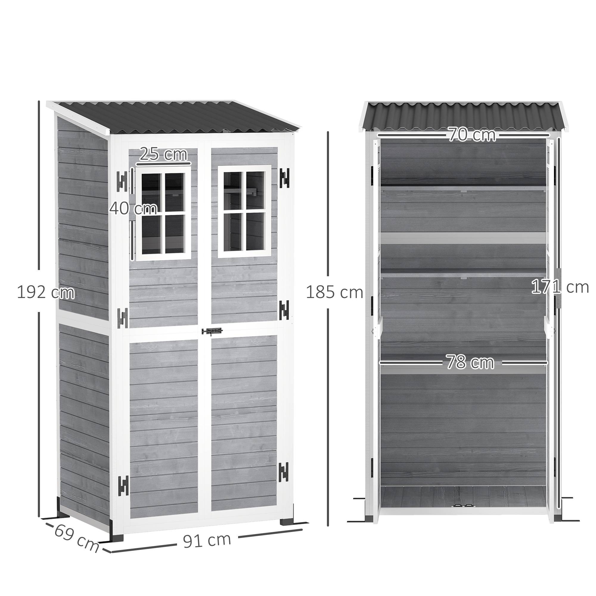 Abri de jardin en bois avec étagères réglables, deux portes verrouillables et fenêtres, gris - Image 5