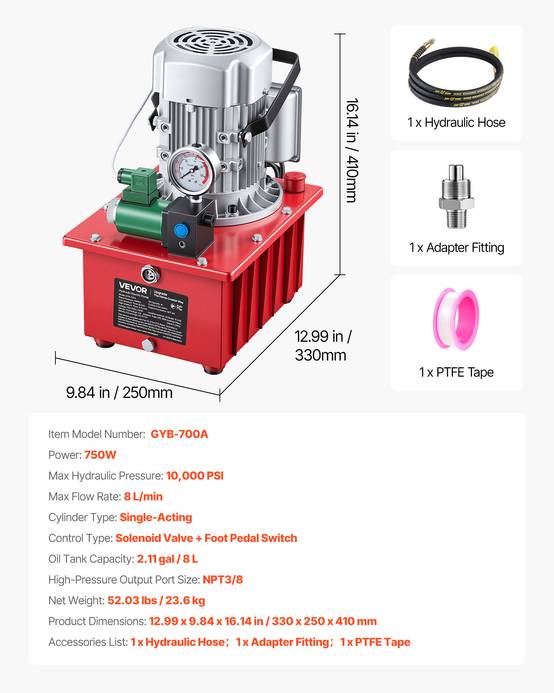 Vevor - VEVOR Pompe Hydraulique Électrique Groupe Simple Effet 750 W 700 bar avec Pédale - Image 7
