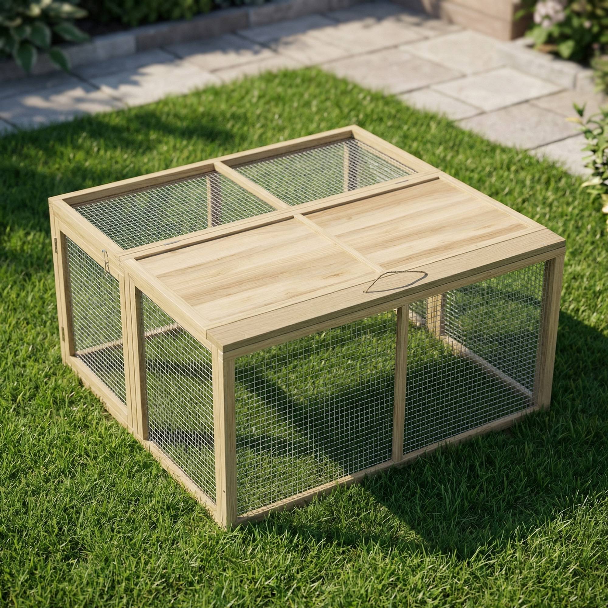 Cage petits animaux, lapins, toit ouvrant, sapin, 120 x 120 x 57 cm, naturel - Image 10