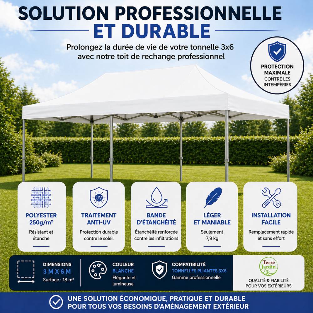 Terre Jardin - Toit de rechange pour tonnelle pliante 3 x 6 professionnelle Unité Blanc - Image 2