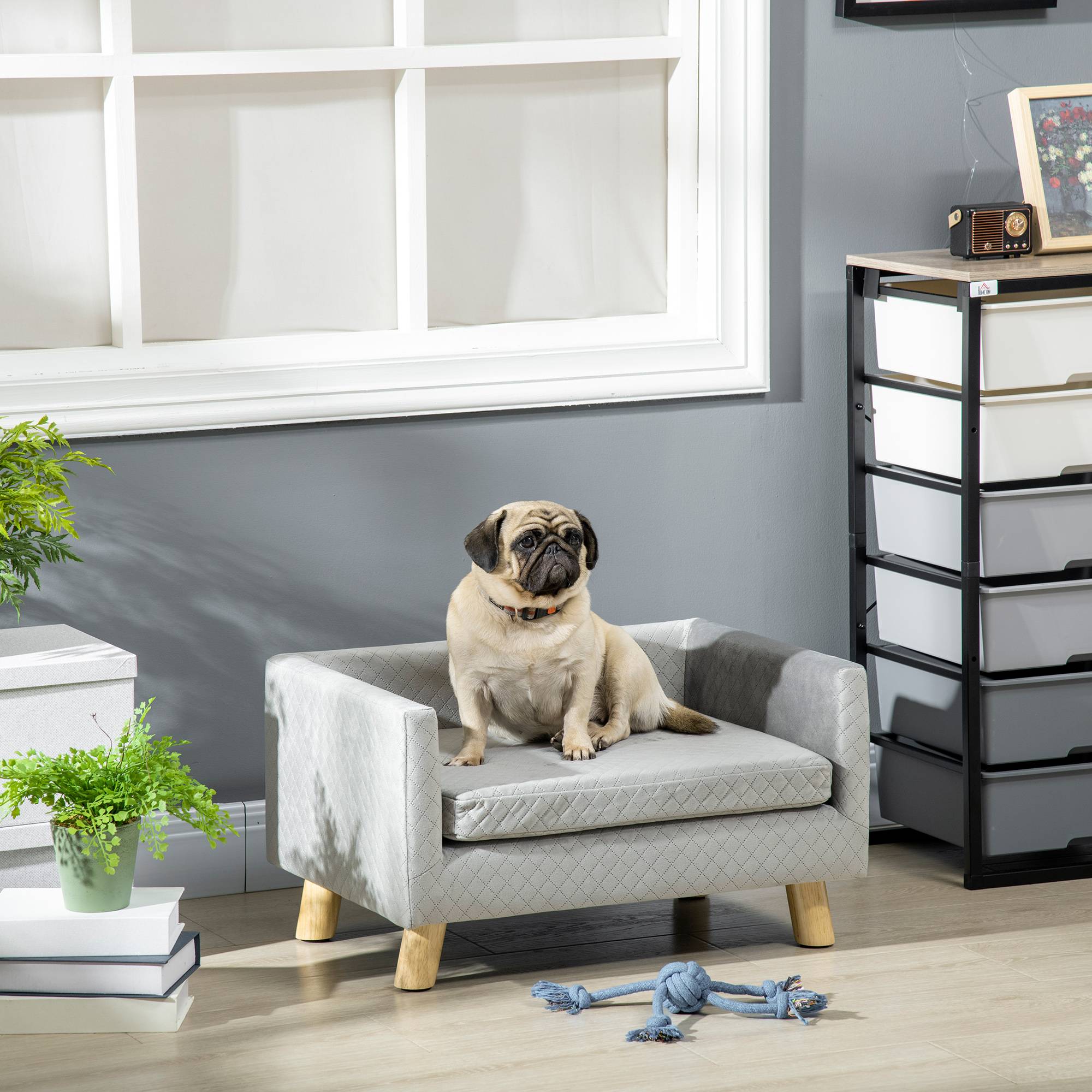 Sans Marque - Canapé scandinave chien chat coussins velours bois 64x45x36 cm gris - Image 3