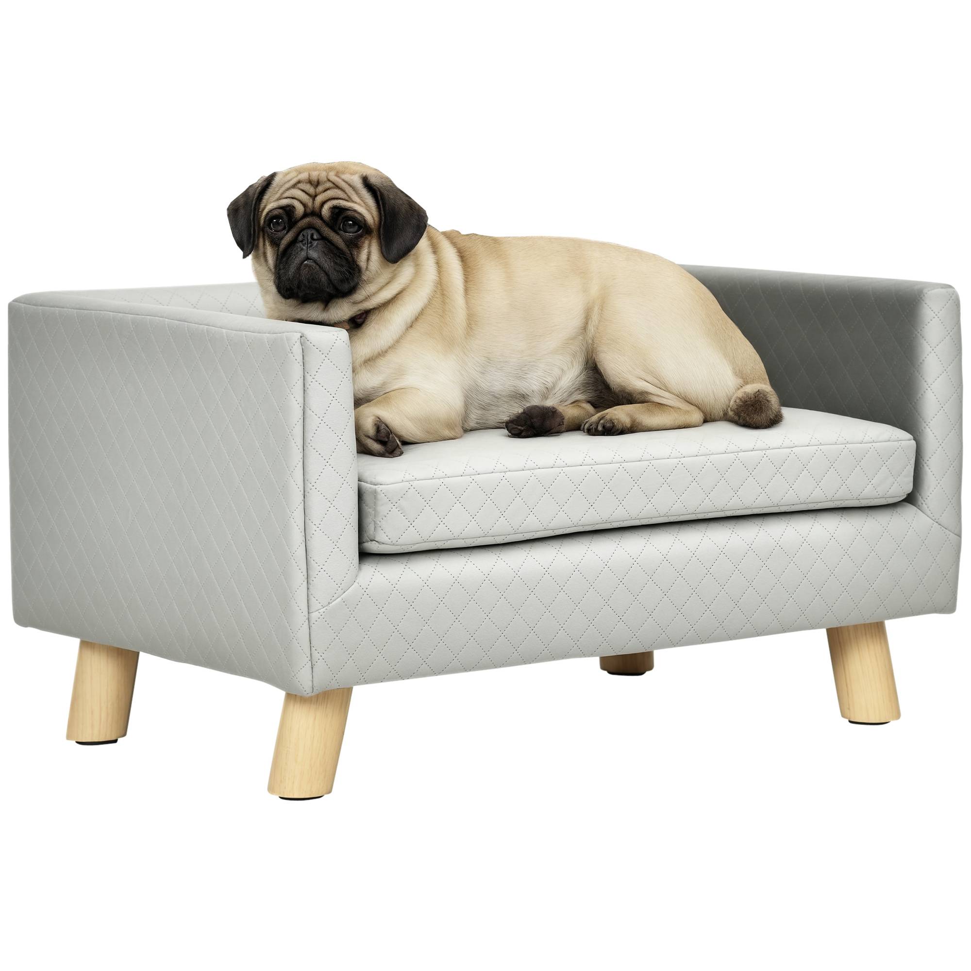 Sans Marque - Canapé scandinave chien chat coussins velours bois 64x45x36 cm gris - Image 1